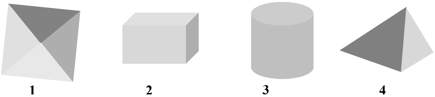 Figure montrant quatre solides géométriques : un tétraèdre, un cube, un cylindre, et une pyramide.