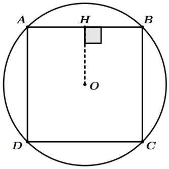 Carré inscrit dans un cercle avec le projeté orthogonal du centre sur le coté du carré pour l'étude géométrique.