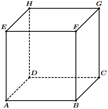 Représentation d'un cube en perspective avec des sommets marqués pour appliquer le théorème de Pythagore dans l'espace.