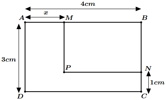 Rectangle inscrit dans un rectangle avec des dimensions spécifiques et des points marqués pour l'analyse géométrique.